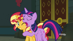 Size: 1920x1080 | Tagged: safe, screencap, sunset shimmer, twilight sparkle, alicorn, pony, unicorn, equestria girls, equestria girls specials, g4, my little pony equestria girls: better together, my little pony equestria girls: forgotten friendship, animation error, discovery family logo, out of context, twilight sparkle (alicorn)