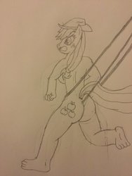 Size: 774x1032 | Tagged: safe, artist:crb145, applejack, earth pony, anthro, g4, abuse, applejack's hat, breasts, cowboy hat, cutie mark, female, hat, jackabuse, lineart, monochrome, pencil drawing, running away, simple background, solo, traditional art, wedgie, white background