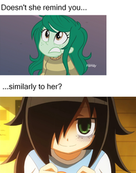 Size: 1022x1295 | Tagged: safe, edit, edited screencap, screencap, wallflower blush, equestria girls, equestria girls specials, g4, my little pony equestria girls: better together, my little pony equestria girls: forgotten friendship, comparison, engrish, tomoko kuroki, watamote