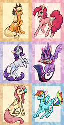 Size: 1052x2055 | Tagged: safe, artist:bebbies, applejack, fluttershy, pinkie pie, rainbow dash, rarity, twilight sparkle, alicorn, butterfly, classical unicorn, earth pony, pegasus, pony, unicorn, g4, abstract background, book, chest fluff, cloven hooves, cowboy hat, curved horn, female, flying, glowing horn, hat, horn, leonine tail, magic, mane six, mare, raised hoof, reading, rearing, sitting, telekinesis, tongue out, twilight sparkle (alicorn), unshorn fetlocks