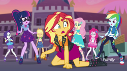 Size: 1920x1080 | Tagged: safe, screencap, applejack, fluttershy, pinkie pie, rainbow dash, rarity, sci-twi, sunset shimmer, twilight sparkle, equestria girls, equestria girls specials, g4, my little pony equestria girls: better together, my little pony equestria girls: forgotten friendship, boots, clothes, converse, discovery family logo, eyes closed, female, glasses, hoofhands, humane five, humane seven, humane six, humans doing horse things, mane six, mind rape, pantyhose, ponytail, rarity peplum dress, shoes, skirt, sneakers