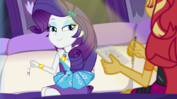 Size: 1280x720 | Tagged: safe, screencap, rarity, sunset shimmer, driving miss shimmer, driving miss shimmer: rarity, equestria girls, g4, my little pony equestria girls: better together, bracelet, cute, jewelry, limousine, notepad, pencil, raribetes