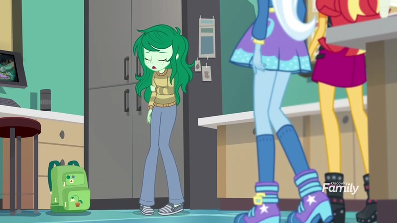 1659440 - safe, screencap, sunset shimmer, trixie, wallflower blush,  equestria girls, equestria girls series, forgotten friendship, backpack,  boots, clothes, high heel boots, kneesocks, legs, shoes, socks - Derpibooru