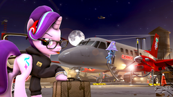 Size: 7680x4320 | Tagged: safe, artist:calveen, starlight glimmer, trixie, pony, unicorn, g4, 3d, absurd resolution, bag, butt, car, chromatic aberration, clothes, female, glasses, headphones, hoodie, iphone, looking at you, mare, moon, night, plane, plant, plot, raised hoof, rich, rock, scenebuild, sky, source filmmaker, stars, tongue out, truck, watch, wristwatch