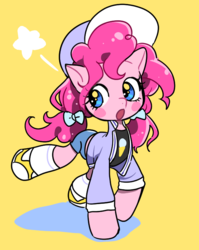 Size: 559x703 | Tagged: safe, artist:quizia, pinkie pie, earth pony, pony, g4, alternate hairstyle, blushing, bow, clothes, cute, diapinkes, female, hair bow, hat, jacket, mare, shoes, shorts, solo, varsity jacket