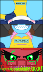 Size: 5598x9196 | Tagged: safe, artist:evilfrenzy, oc, oc:frenzy, demon, pony, absurd resolution, age regression, baby, baby pony, colt, conic:night terror, crib, crying, diaper, diaper change, female, foal, male, mother, pacifier