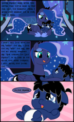 Size: 5598x9192 | Tagged: safe, artist:evilfrenzy, princess luna, oc, oc:frenzy, alicorn, pony, g4, absurd resolution, age regression, baby, baby pony, broken english, colt, comforting, conic:night terror, crib, crying, cute, diaper, female, foal, fruna, male, maternaluna, motherly, pacifier