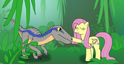 Size: 1944x1008 | Tagged: safe, artist:kylgrv, fluttershy, dinosaur, pegasus, pony, velociraptor, g4, blue (jurassic world), boop, crossover, duo, eyes closed, female, head tilt, jungle, jurassic world, jurassic world: fallen kingdom, mare, nature, petting, smiling, this will end in tears and/or death