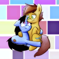 Size: 1465x1465 | Tagged: safe, artist:mustachedbain, oc, oc only, oc:ferrum, oc:krafty kitsune, pegasus, pony, unicorn, cute, cutie mark, gay, hug, male, smiling, wings