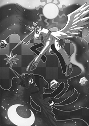 Size: 2116x3014 | Tagged: artist needed, source needed, safe, princess celestia, princess luna, alicorn, pony, g4, abstract background, checkerboard, duo, elements of harmony, female, grayscale, high res, horn, lidded eyes, long horn, mare, monochrome, moon, simple background, spread wings, sun, wings