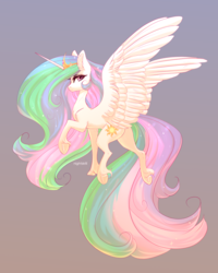 Size: 2000x2500 | Tagged: dead source, safe, artist:nightskrill, princess celestia, alicorn, pony, g4, ear fluff, female, gradient background, high res, large wings, looking at you, mare, profile, solo, spread wings, underhoof, unshorn fetlocks, wings