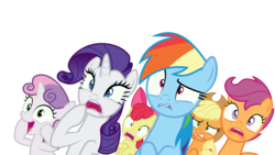 Size: 5333x3000 | Tagged: safe, artist:sollace, apple bloom, applejack, rainbow dash, rarity, scootaloo, sweetie belle, earth pony, pegasus, pony, unicorn, campfire tales, g4, .svg available, confused, cringing, cutie mark crusaders, gasping, happy, lip bite, open mouth, scared, shocked, show accurate, simple background, transparent background, varying degrees of want, vector