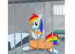 Size: 3446x2461 | Tagged: dead source, safe, artist:neoshrek, rainbow dash, pegasus, pony, g4, bed, bound wings, clothes, crying, cuffs, digital art, female, high res, jail, jail cell, jumpsuit, mare, prison, prison outfit, prisoner, prisoner rd, rope, shackles, solo