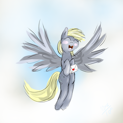 Size: 2875x2892 | Tagged: safe, artist:hippik, derpy hooves, pegasus, pony, g4, blush sticker, blushing, eyes closed, female, flying, happy, high res, letter, love letter, mare, smiling, solo, spread wings, wings
