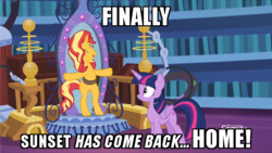 Size: 600x339 | Tagged: safe, screencap, sunset shimmer, twilight sparkle, alicorn, pony, unicorn, equestria girls, equestria girls series, forgotten friendship, bipedal, discovery family logo, horses doing human things, image macro, in the human world for too long, magic mirror, meme, the rock, twilight sparkle (alicorn)