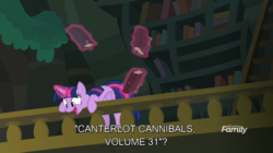 Size: 1438x803 | Tagged: safe, edit, edited screencap, screencap, twilight sparkle, alicorn, pony, equestria girls, equestria girls specials, g4, my little pony equestria girls: better together, my little pony equestria girls: forgotten friendship, book, bookshelf, excited, female, implied cannibalism, library, mare, railing, smiling, subtitles, twilight sparkle (alicorn)