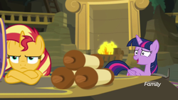 Size: 1920x1080 | Tagged: safe, screencap, sunset shimmer, twilight sparkle, alicorn, pony, unicorn, equestria girls, equestria girls specials, g4, my little pony equestria girls: better together, my little pony equestria girls: forgotten friendship, annoyed, crossed hooves, female, fireplace, library, mare, nervous, scroll, twilight sparkle (alicorn)