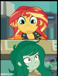 Size: 1516x1976 | Tagged: safe, artist:danielitamlp, sunset shimmer, wallflower blush, equestria girls, equestria girls series, forgotten friendship, g4, 2 panel comic, comic, computer, duo, duo female, duo male, female, frown, looking at each other, low angle, male, meme, parody, show accurate, shrunken pupils, stare, the simpsons, wavy mouth, wide eyes