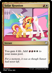 Size: 375x523 | Tagged: safe, princess celestia, sunset shimmer, equestria girls, equestria girls specials, g4, my little pony equestria girls: better together, my little pony equestria girls: forgotten friendship, hug, magic the gathering, reunion, the prodigal sunset, trading card, trading card edit