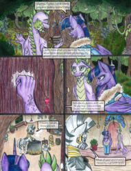 Size: 1024x1339 | Tagged: safe, artist:tillie-tmb, spike, twilight sparkle, zecora, alicorn, pony, comic:the amulet of shades, g4, clothes, comic, everfree forest, traditional art, twilight sparkle (alicorn), zecora's hut