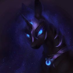 Size: 1500x1504 | Tagged: safe, artist:orchidpony, nightmare moon, alicorn, pony, armor, bust, female, glowing eyes, helmet, looking at you, mare, slit pupils, solo