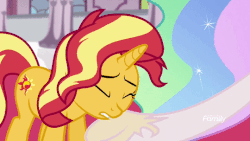 Size: 540x304 | Tagged: safe, screencap, princess celestia, sunset shimmer, alicorn, pony, unicorn, equestria girls, equestria girls specials, g4, my little pony equestria girls: better together, my little pony equestria girls: forgotten friendship, animated, cute, eyes closed, female, frown, looking down, looking up, mare, sad