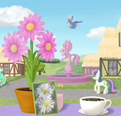 Size: 1800x1728 | Tagged: safe, artist:xodok, bon bon, lyra heartstrings, sweetie drops, earth pony, pegasus, pony, unicorn, series:ponyashnost, g4, cup, flower, house, meme, ponyville, present, sitting, sitting lyra, statue