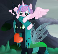 Size: 1200x1112 | Tagged: safe, artist:xodok, princess flurry heart, queen chrysalis, alicorn, changeling, changeling queen, pony, series:ponyashnost, g4, auntie chrissy, baby, cave, cute, duo, duo female, female, filly, flurrybetes, foal, heart, mouth hold, nom