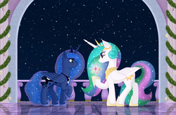Size: 2736x1800 | Tagged: safe, artist:xodok, princess celestia, princess luna, alicorn, pony, series:ponyashnost, g4, cutie mark, duo, elements of harmony, female, folded wings, looking at each other, mare, new year, royal sisters, sisters