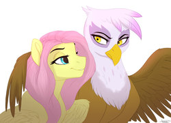 Size: 1600x1152 | Tagged: safe, artist:scorpion-89, fluttershy, gilda, griffon, pegasus, pony, g4, beak, female, gildashy, lesbian, looking at each other, looking at someone, mare, shipping, simple background, white background, wings