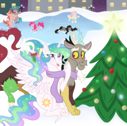 Size: 1013x1000 | Tagged: safe, artist:sunbutt-worshipper, discord, pinkie pie, princess celestia, g4, christmas, christmas tree, clothes, female, holiday, ice, ice skating, male, scarf, shared clothing, shared scarf, ship:dislestia, shipping, snow, straight, tree