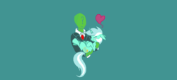 Size: 1837x833 | Tagged: safe, artist:doppiedoo, lyra heartstrings, oc, oc only, oc:anon, human, pony, g4, blushing, clothes, female, heart, holding a pony, male, necktie, simple background, straight, suit, teal background