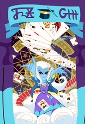 Size: 517x756 | Tagged: safe, screencap, trixie, equestria girls, equestria girls specials, g4, my little pony equestria girls: better together, my little pony equestria girls: forgotten friendship, clothes, cutie mark on clothes, dress, female, jacket, jewelry, joker, magic, magic show, magic trick, magic wand, necklace, playing card, poster, solo
