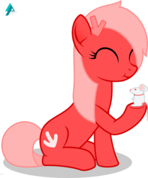 Size: 2000x2390 | Tagged: safe, artist:arifproject, oc, oc only, oc:downvote, mouse, pony, derpibooru, g4, derpibooru ponified, eyes closed, high res, holding, meta, ponified, simple background, sitting, smiling, solo, transparent background, vector