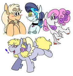 Size: 1173x1233 | Tagged: safe, artist:goatpaste, applejack, coloratura, derpy hooves, sweetie belle, g4, female, lesbian, ship:rarajack, shipping