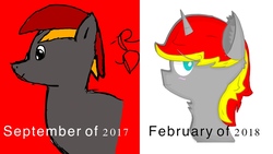 Size: 1280x720 | Tagged: safe, artist:rubydeluxe, derpibooru exclusive, edit, oc, oc only, oc:rd, alicorn, pony, 2017, 2018, alicorn oc, blue eyes, blushing, comparison, digital art, ear fluff, horn, improvement, male, neck fluff, old art, shading, signature, simple background, smiling, terrible, text