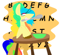 Size: 868x790 | Tagged: safe, artist:goatpaste, alphabittle, earth pony, pony, g3, female, simple background, solo, spoon, table, transparent background, weird nose