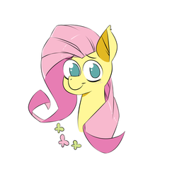 Size: 1027x1000 | Tagged: safe, artist:erunes, fluttershy, butterfly, pegasus, pony, g4, bust, female, looking at you, no pupils, portrait, simple background, smiling, solo