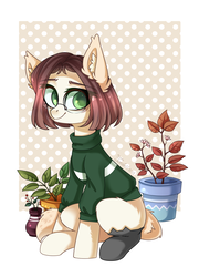 Size: 1024x1419 | Tagged: safe, artist:ten-dril, oc, oc only, pony, cat socks, clothes, female, flower pot, glasses, mare, plant, sitting, solo, sweater