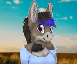 Size: 750x631 | Tagged: safe, artist:crazywolfgirl, oc, oc only, oc:tara, donkey, anthro, anthro oc, arm hooves, bust, cute, field, hoof under chin, hooves, solo, sunset