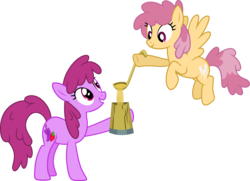 Size: 4149x3000 | Tagged: safe, artist:cloudy glow, berry punch, berryshine, dizzy twister, orange swirl, earth pony, pegasus, pony, a hearth's warming tail, g4, background pony, cider, duo, female, flying, mare, mug, simple background, tankard, transparent background, vector