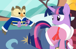 Size: 1109x720 | Tagged: safe, artist:porygon2z, owlowiscious, twilight sparkle, bird, owl, g4, bathrobe, clothes, robe, slippers