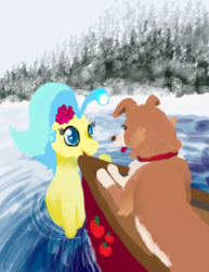 Size: 500x647 | Tagged: safe, artist:sehad, princess skystar, winona, dog, seapony (g4), g4, my little pony: the movie, boat, forest, lake, snow, speedpaint