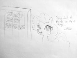 Size: 1280x960 | Tagged: safe, artist:tjpones edits, edit, pinkie pie, earth pony, pony, g4, crate, cropped, female, lineart, mare, monochrome, simple background, solo, traditional art, white background