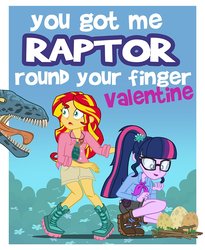 Size: 818x1000 | Tagged: safe, artist:pixelkitties, sci-twi, sunset shimmer, twilight sparkle, dinosaur, stegosaurus, velociraptor, equestria girls, g4, alan grant, boots, egg, ellie sattler, female, hairpin, holiday, jewelry, jurassic park, lesbian, mama bear, necklace, ship:sci-twishimmer, ship:sunsetsparkle, shipping, shoes, this will end in death, this will end in tears, this will end in tears and/or death, this will not end well