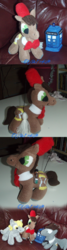 Size: 800x3000 | Tagged: safe, artist:usagi-zakura, derpy hooves, doctor whooves, time turner, earth pony, pegasus, pony, ask discorded whooves, g4, discord whooves, doctor who, eleventh doctor, irl, photo, plushie, tardis