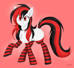 Size: 1107x1016 | Tagged: safe, artist:dreamy990, oc, oc only, earth pony, pony, clothes, female, mare, red background, simple background, socks, solo, striped socks