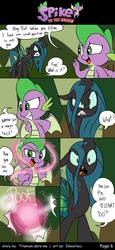 Size: 800x1740 | Tagged: safe, artist:emositecc, queen chrysalis, spike, changeling, dragon, comic:spike to the rescue, g4, season 8, comic, dialogue, flying, hands behind back, speech bubble, teleportation, what a twist, winged spike, wings