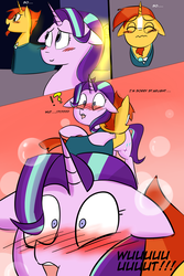 Size: 1200x1800 | Tagged: safe, artist:zouyugi, starlight glimmer, sunburst, pony, unicorn, comic:confession, g4, blushing, comic, dialogue, female, hug, male, ship:starburst, shipping, straight