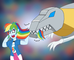 Size: 4940x4000 | Tagged: safe, artist:edcom02, rainbow dash, equestria girls, g4, annoyed, biting, clash of hasbro's titans, clothes, crossover, dinobot, grimlock, nom, ouch, skirt, transformers, upset